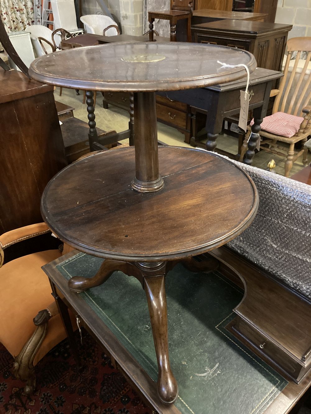 A George III mahogany two tier dumb waiter (cut down), width 55cm, height 79cm